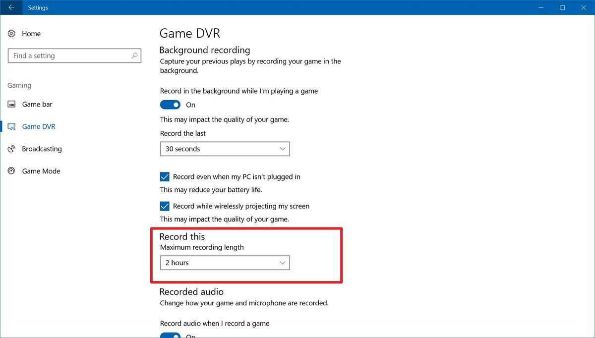 How to change Windows 10 Game DVR background recording time | Windows ...