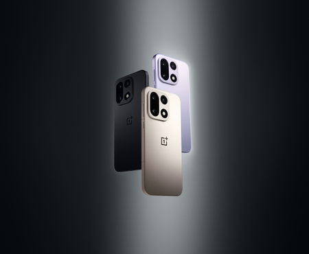 3 Oneplus phones, one in lilac, one in black and another in beige