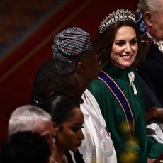 The design looks familiar because it is: Princess Kate wore the same gown to the Royal Variety Performance last November. 