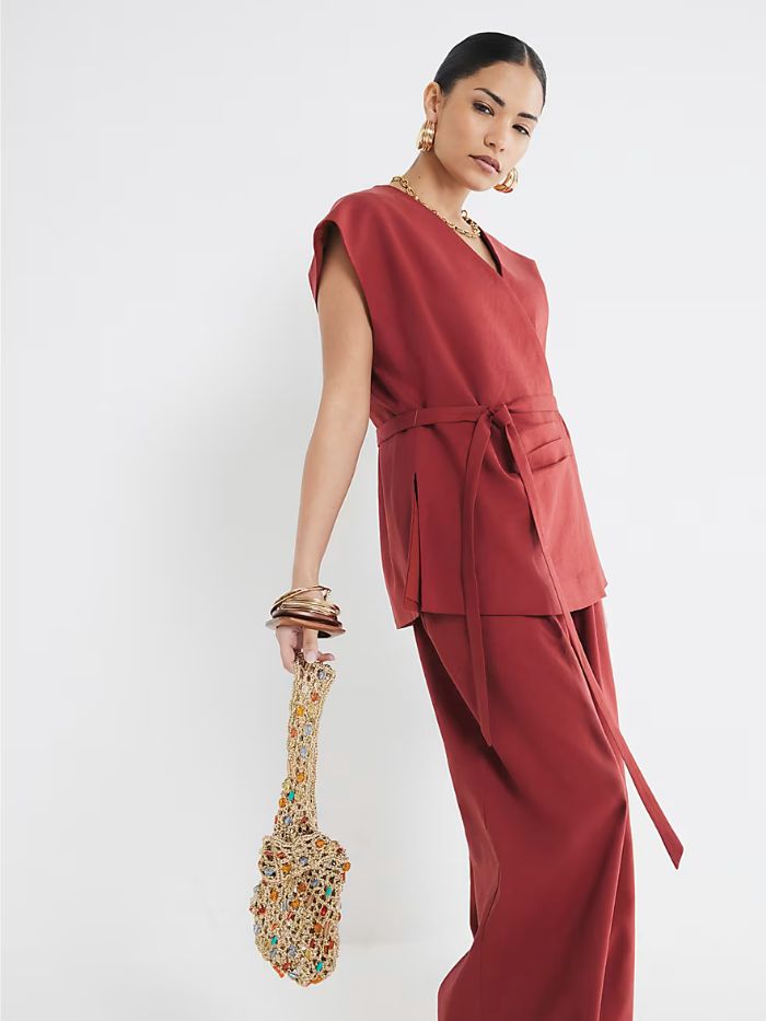 River Island Petite Red Wide Leg Linen Blend Trousers