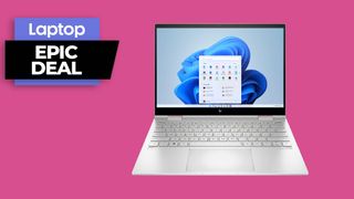HP Envy x360 2-in-1 laptop against bright pink background