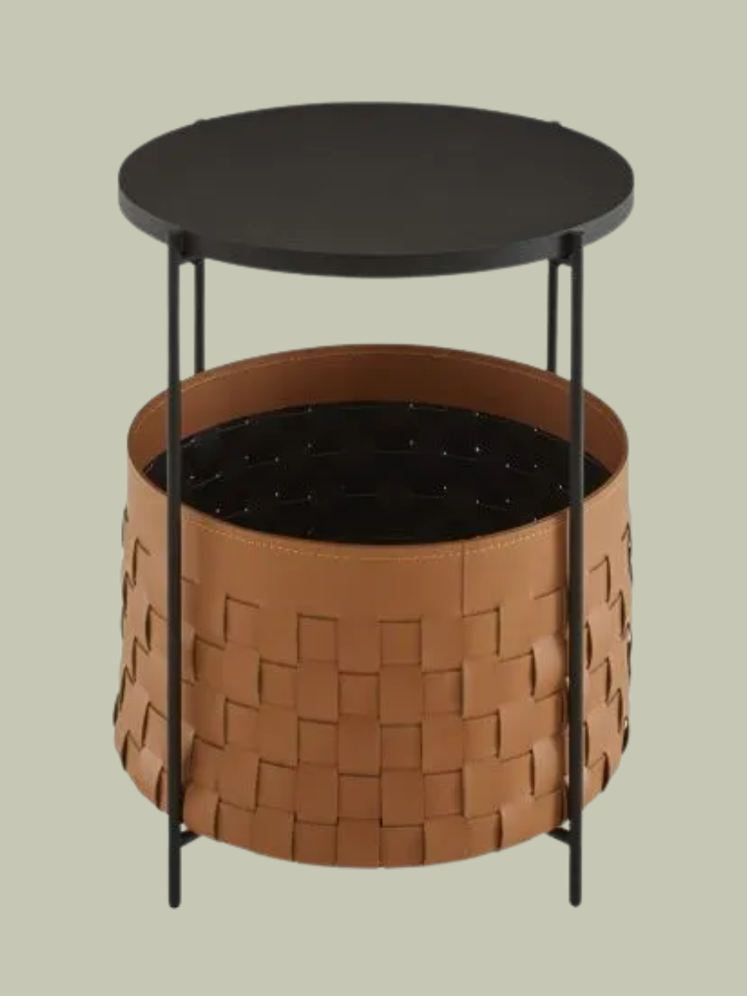 An iron and leather side table