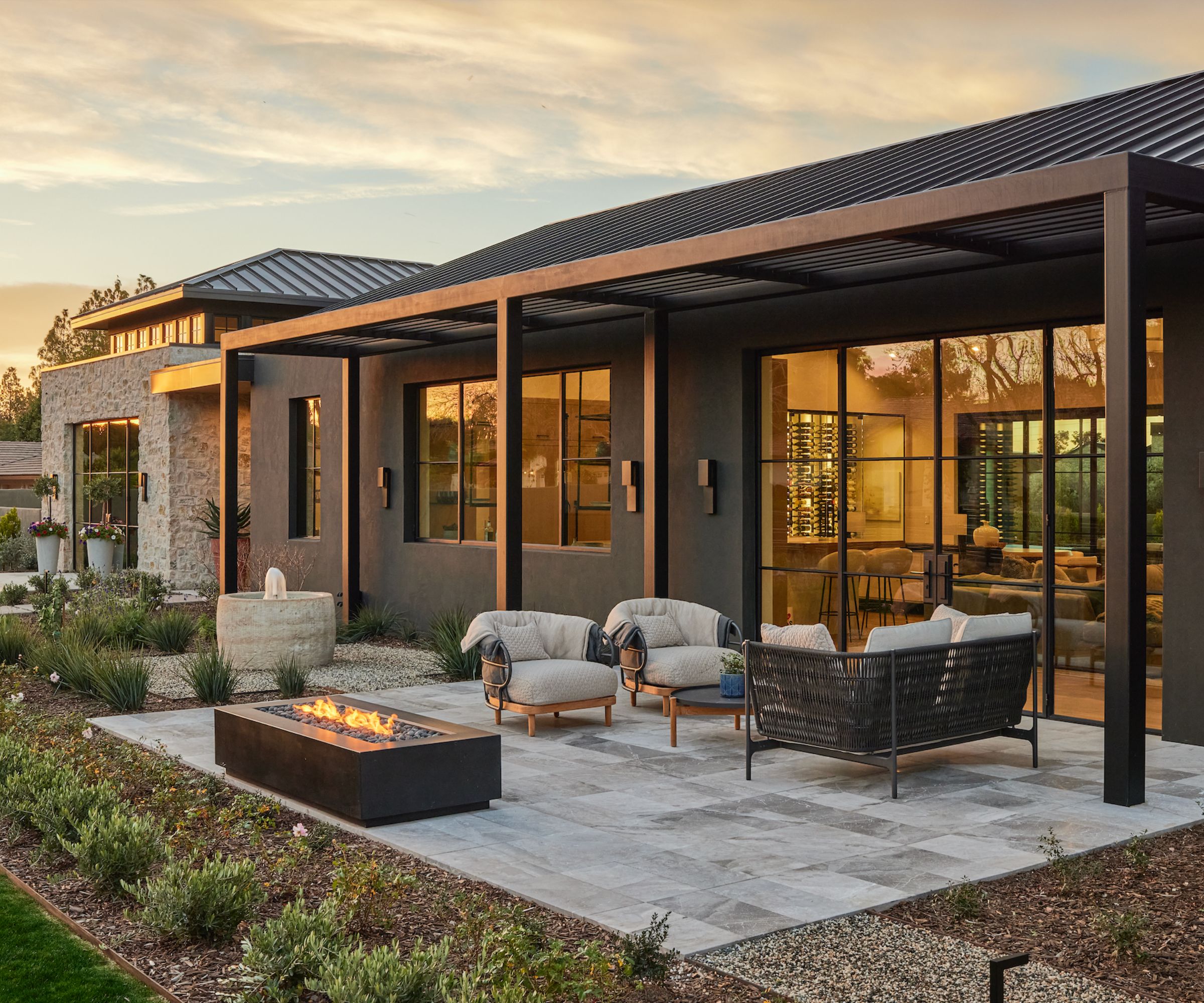 Outdoor living area with fire and water feature