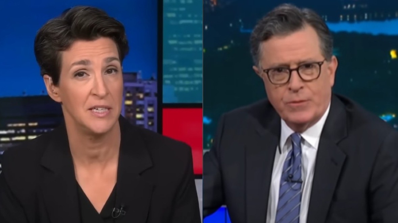 Rachel Maddow and Stephen Colbert at the desks of their respective shows