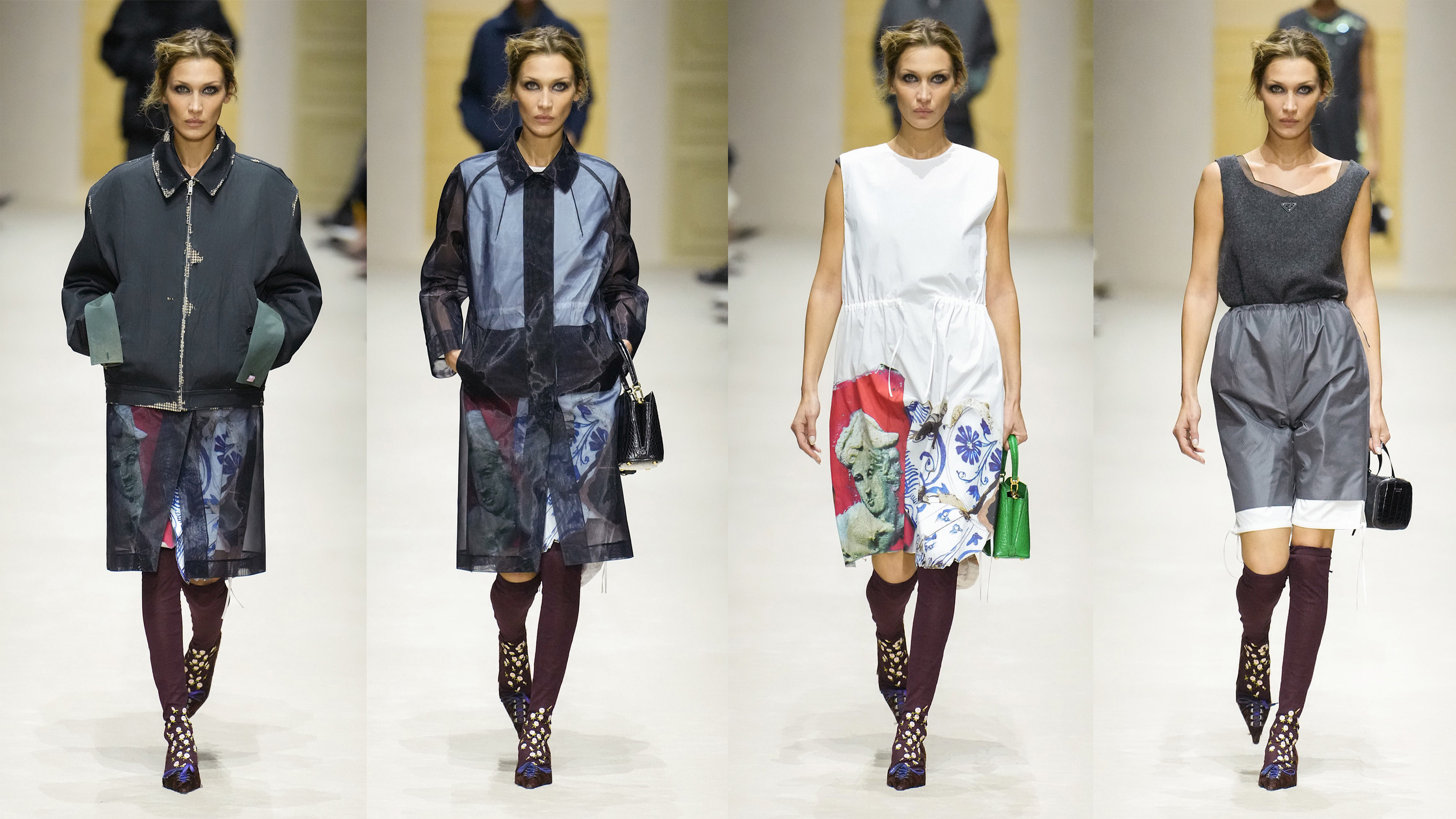 A collage showing the four looks Bella Hadid walked in at the Prada F/W 26 show during Milan Fashion Week.