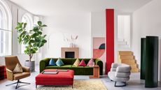 White painted living room filled with colorful furniture