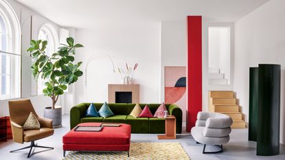 White painted living room filled with colorful furniture