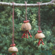 Hanging coconut bird feeders with seeds, berries and fat