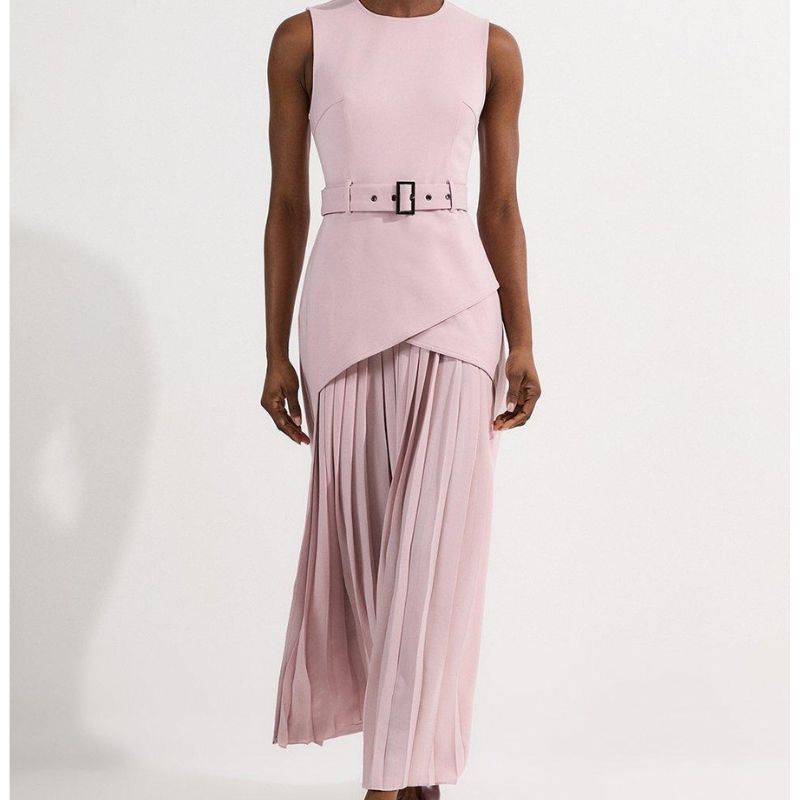 Karen Millen , Ponte And Georgette Jersey Pleated Maxi Dress