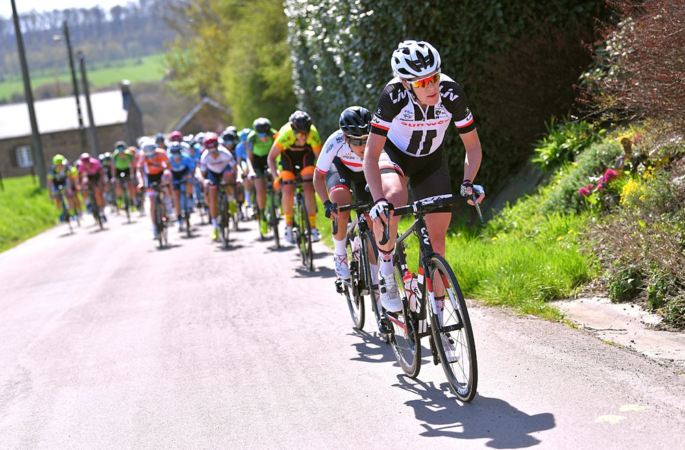 Eleonora van Dijk of The Netherlands and Team Sunweb leads the field at Fleche Wallonne
