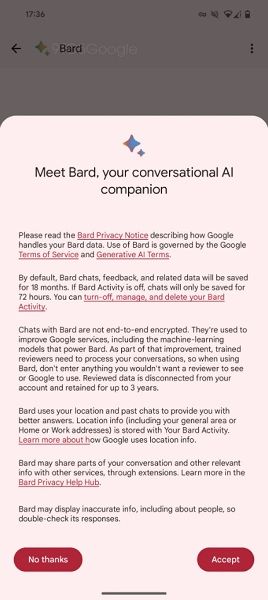 "Bard in Messages" will display a splash screen of privacy information for users.