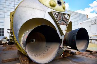 “Buran!" in Cyrllic is written in one of the mock engine bells in the aft section of the Sochi-bound shuttle mockup.