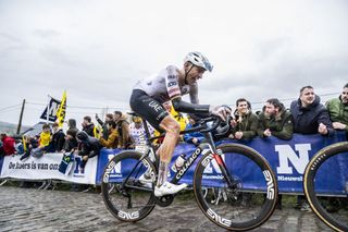 German Nils Politt of UAE Team Emirates pictured at the Paterberg during the men's race of the 'Ronde van Vlaanderen/ Tour des Flandres/ Tour of Flanders' one day cycling event, 270,8km from Antwerp to Oudenaarde, Sunday 31 March 2024. BELGA PHOTO TOM GOYVAERTS (Photo by Tom Goyvaerts / BELGA MAG / Belga via AFP)