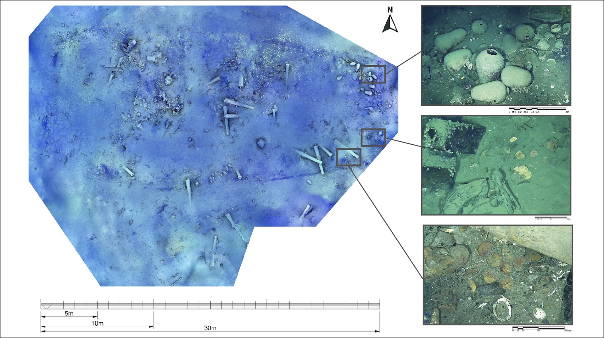 a diagram with a map of the site and zoomed-in insets showing the gold coins and artifacts found at various locations