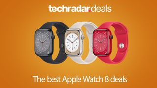 Three Apple Watch 8 models on an orange background