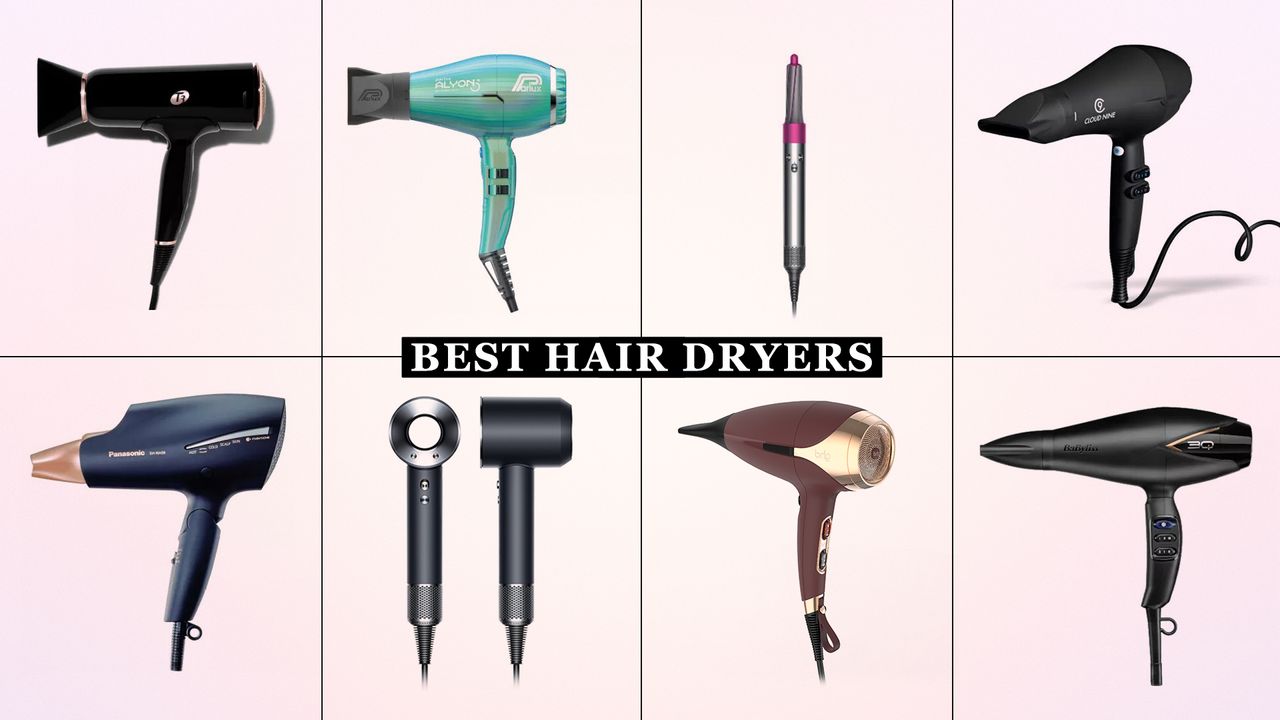 a collage showing eight of w&amp;h&#039;s best hair dryer picks on a pink background