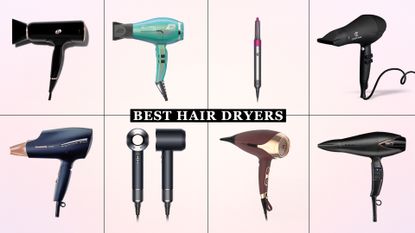 a collage showing eight of w&h's best hair dryer picks on a pink background