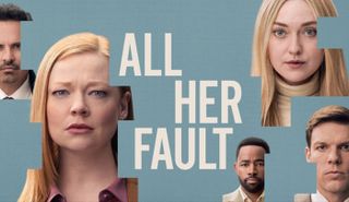 Blue/grey background with All Her Fault written in the middle and actors faces around it