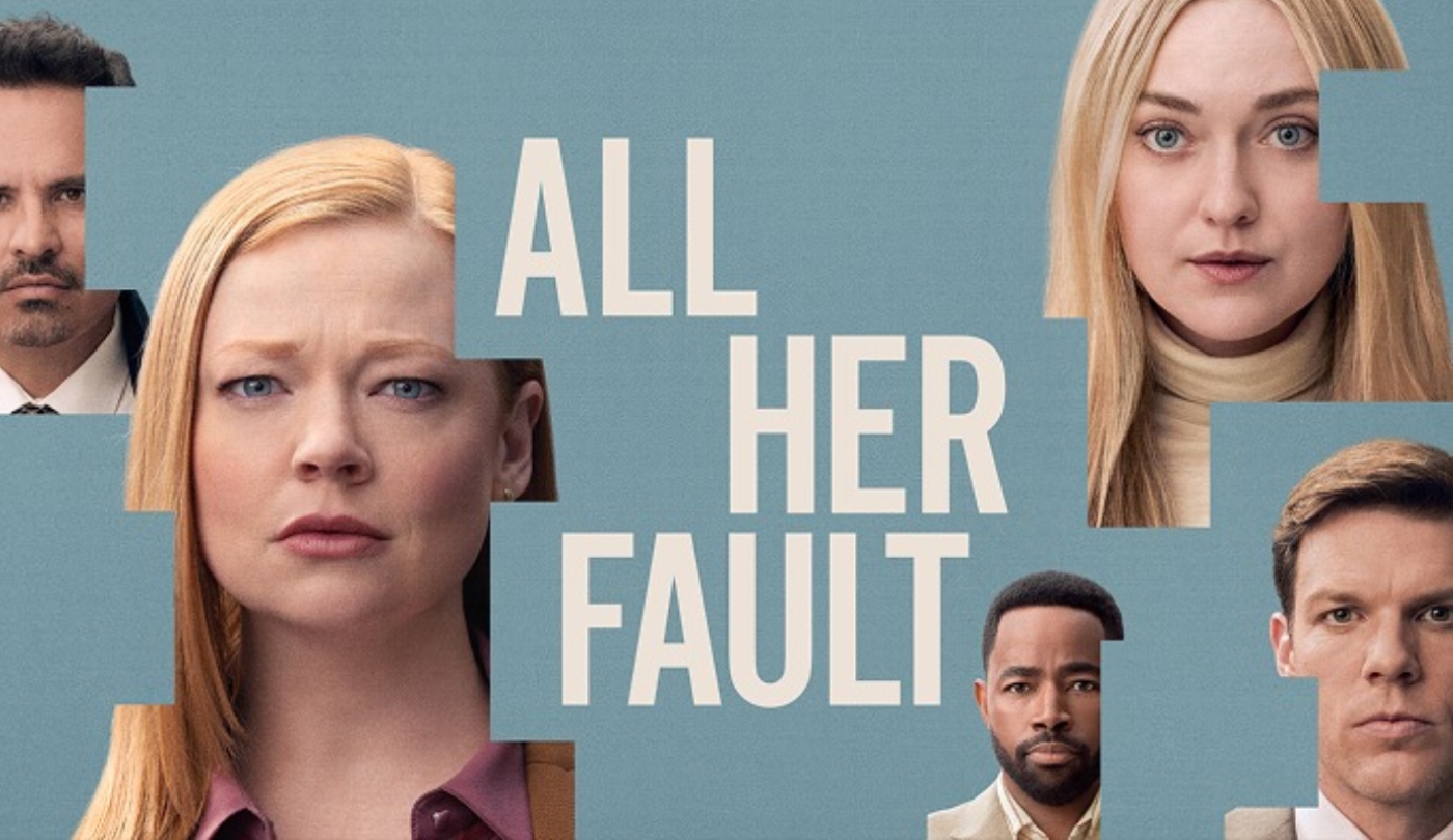 Blue/grey background with All Her Fault written in the middle and actors faces around it