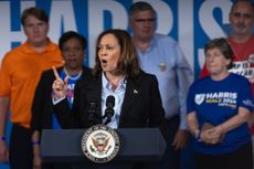  Democratic presidential candidate Vice President Kamala Harris speaks to union workers during a campaign event on September 02, 2024.