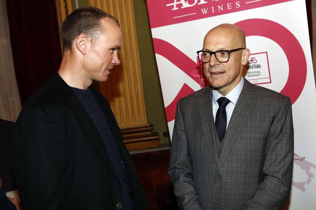 Chris Froome and Dave Brailsford at the launch of the Cuneo-Pinerolo stage.
