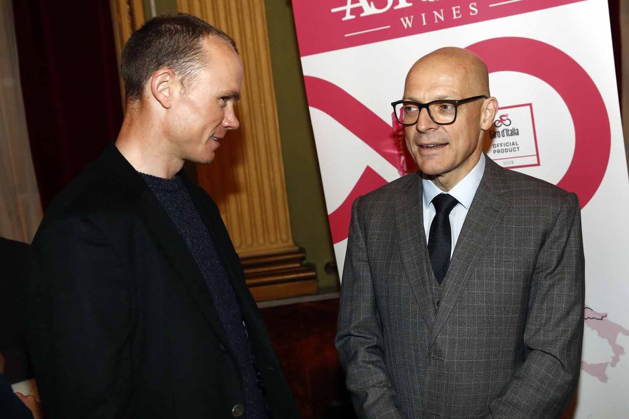 Chris Froome and Dave Brailsford at the launch of the Cuneo-Pinerolo stage.