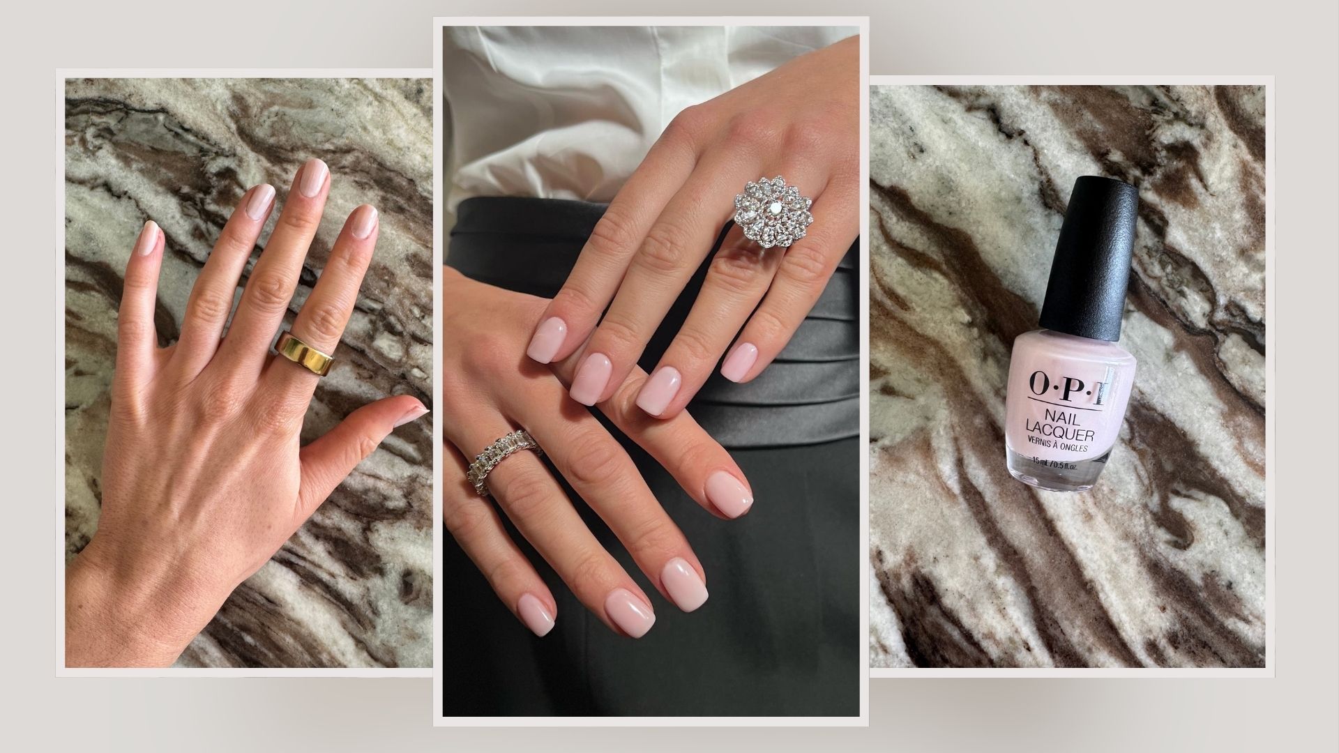 A collage with hands painted with OPI'm a Bubble Bunny and Funny Bunny and Bubble Bath, with a photo of the new OPI'm a Bubble Bunny nail polish bottle