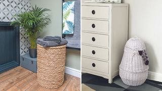 Collage image showing a bathroom with a wicker laundry basket next to a bedroom with a white wicker apple-shaped laundry basket for kids