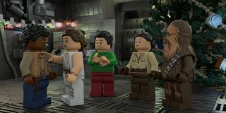 Finn, Rey, Poe, Rose, and Chewbacca celebrating Life Day in the LEGO Star Wars Holiday Special