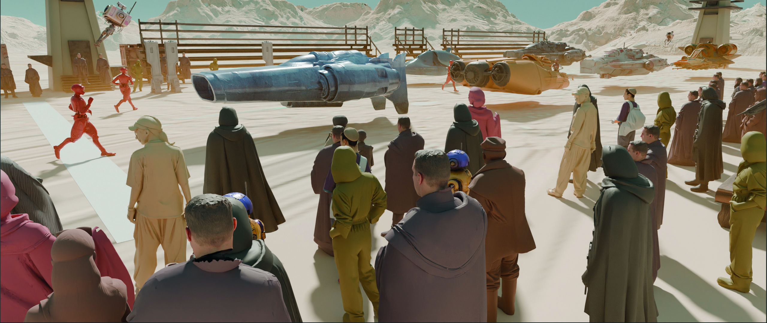 Painterly digital art created using Blender and Photoshop showing a crowd at the side of a racetrack in a science fiction world