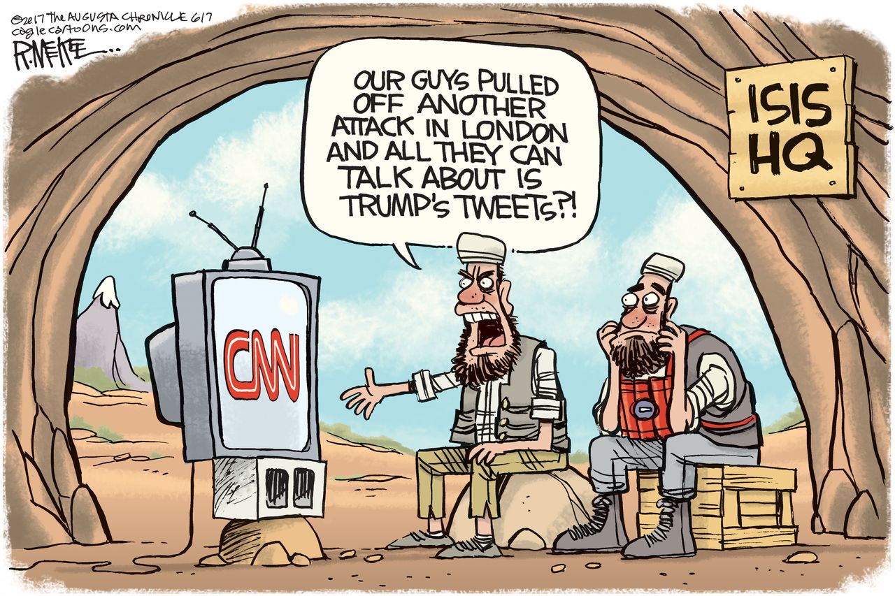 Political cartoon U.S. CNN news cycle Trump tweets London terrorist attack