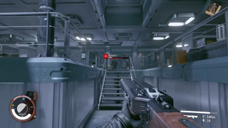A character wielding a huge double-barrelled shotgun in a space station fight in Starfield.