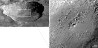 A perspective view of Marcia crater, Vesta. Marcia (70 km in diameter) is one of the youngest large craters on Vesta and host to the largest concentration of pits on the asteroid. Image released September 20, 2012.