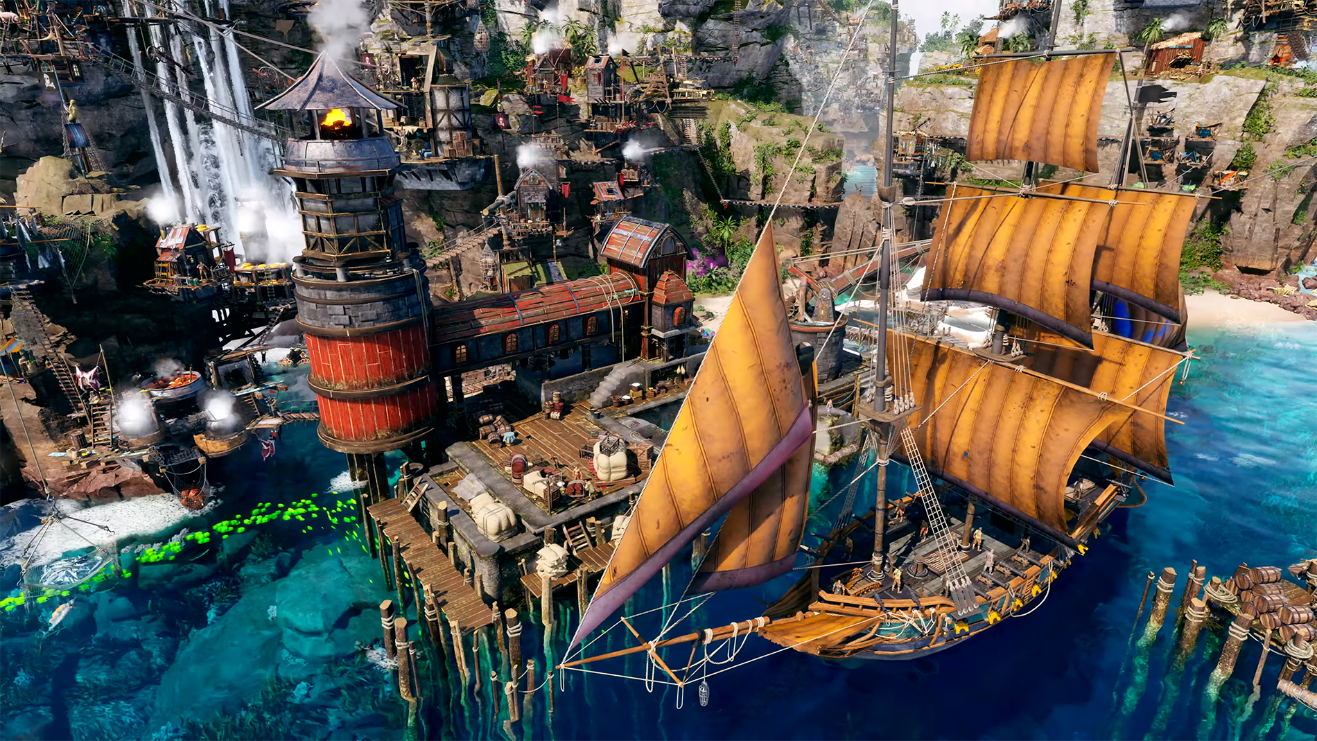 A pirate ship docked at a pirate hideout
