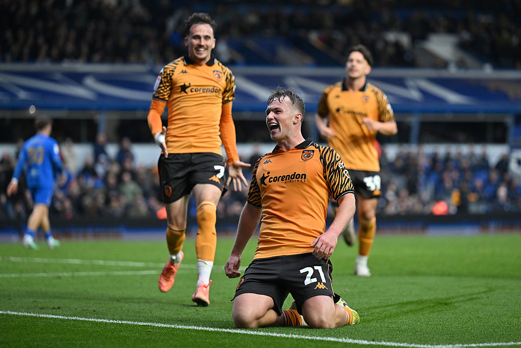 Joe Gelhardt of Hull City celebrates scoring his side&#039;s third goal during the Sky Bet Championship match between Birmingham City and Hull City at St Andrew&amp;rsquo;s at Knighthead Park on October 18, 2025 in Birmingham, England.
