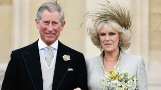 HRH the Prince of Wales, Prince Charles, and The Duchess Of Cornwall, Camilla Parker Bowles in silk dress by Robinson Valentine and head-dress by Philip Treacy, leaves the Service of Prayer and Dedication blessing their marriage at Windsor Castle on April 9, 2005 in Berkshire, England