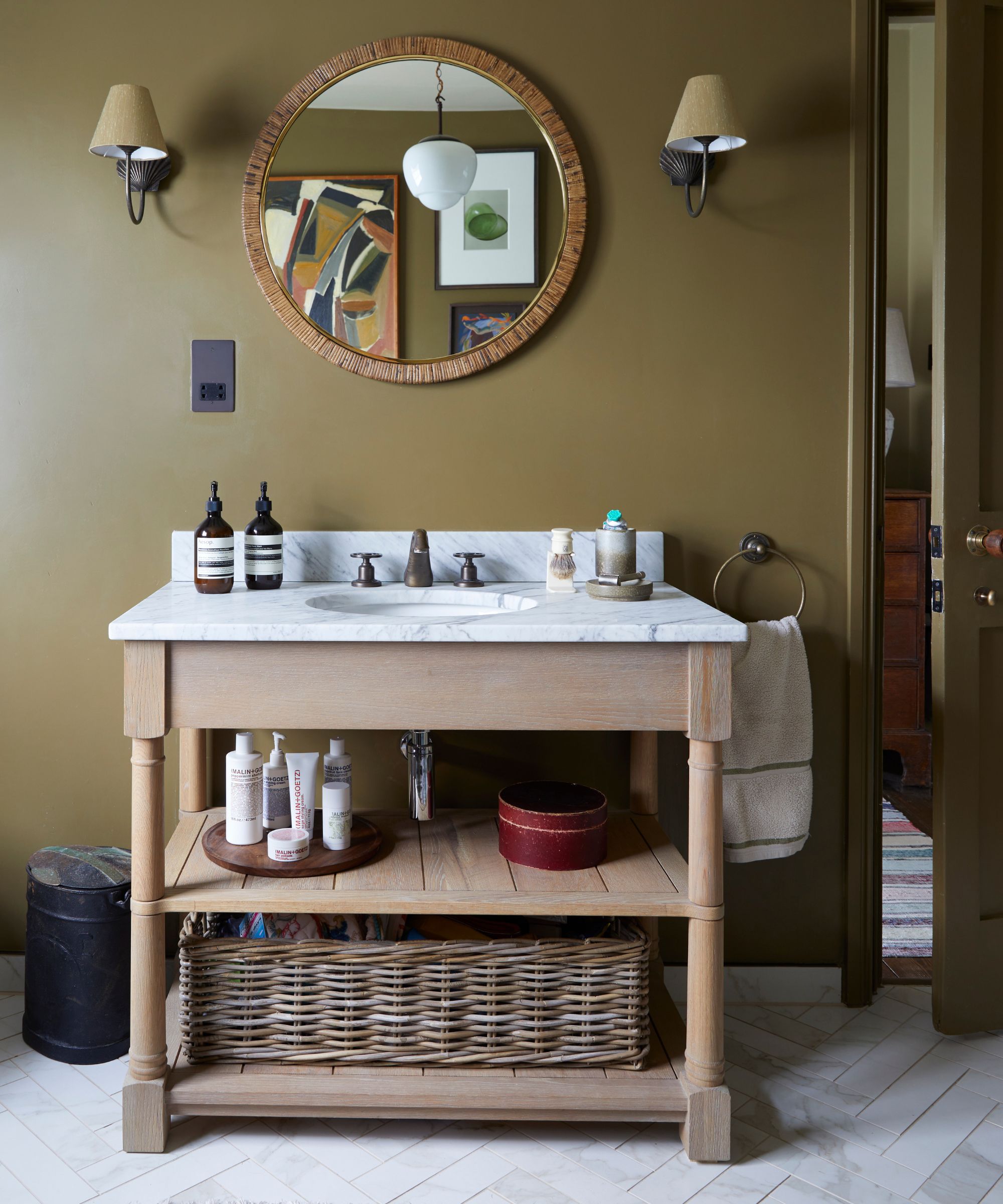 Wooden washstand in bathroom