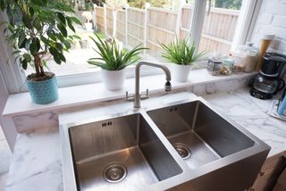 A clean stainless steel sink with garden views and potted houseplant decor