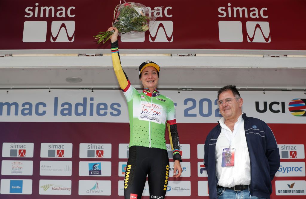 WEERT NETHERLANDS AUGUST 27 Marianne Vos of Netherlands and Team Jumbo Visma celebrates winning the Green Points Jersey on the podium ceremony after the 23rd Simac Ladies Tour 2021 Stage 3 a 1259km stage from Stramproy to Weert SLT2021 UCIWWT on August 27 2021 in Weert Netherlands Photo by Bas CzerwinskiGetty Images