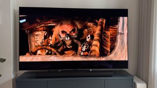 A scene from Mad Max: Fury Road, displayed on the LG G5 OLED TV.