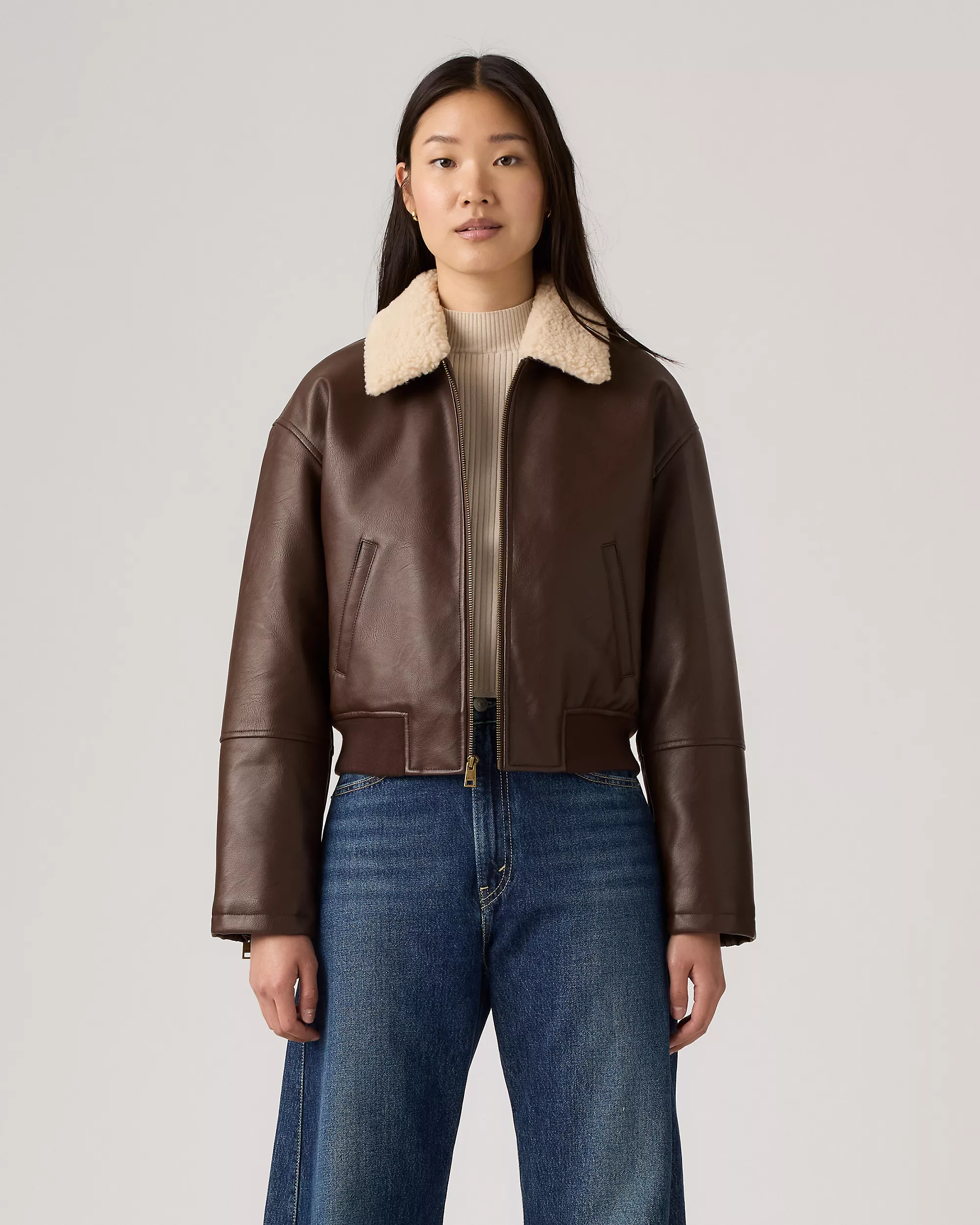 Levi&#039;s, Faux Leather Bomber with Sherpa Collar in Brown