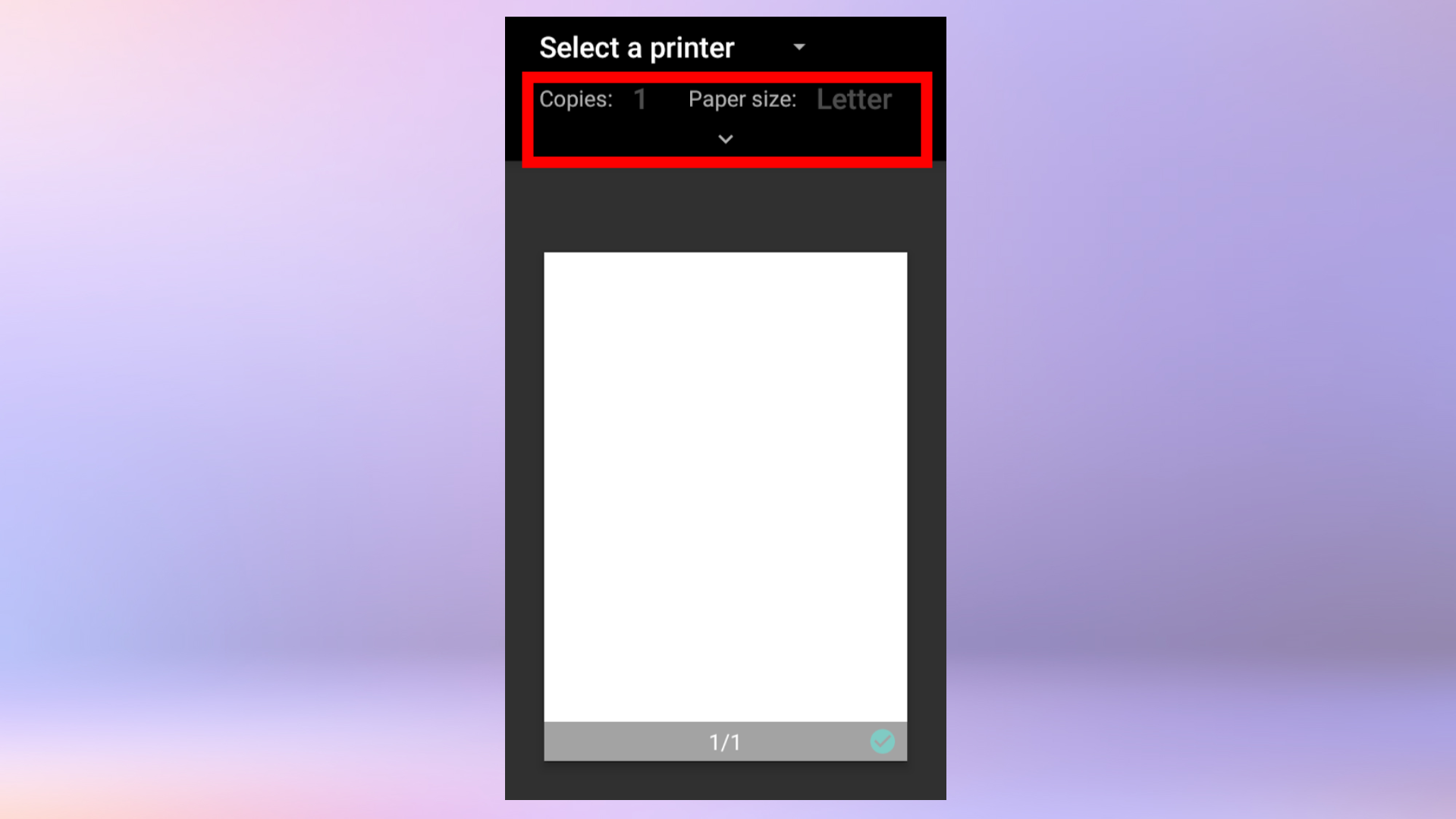 Снимок экрана меню печати на Google Диске, показывающий устанавливаемые настройки печати.