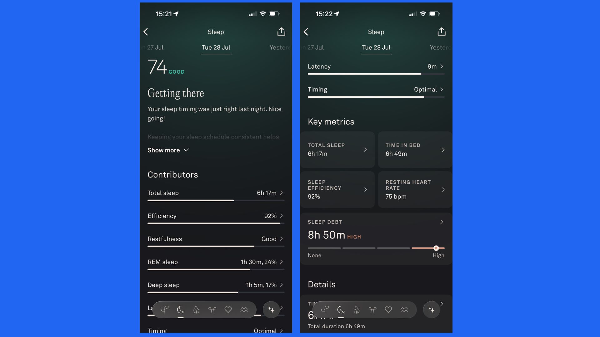A screenshot of the Oura App displaying sleep-tracking metrics.