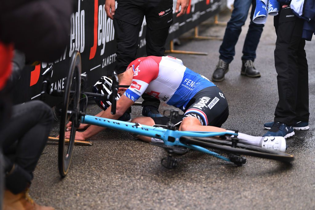 CASTELFIDARDO ITALY MARCH 14 Arrival Mathieu Van Der Poel of Netherlands and Team AlpecinFenix Celebration during the 56th TirrenoAdriatico 2021 Stage 5 a 205km stage from Castellalto to Castelfidardo 175m Soigneur TirrenoAdriatico on March 14 2021 in Castelfidardo Italy Photo by Tim de WaeleGetty Images