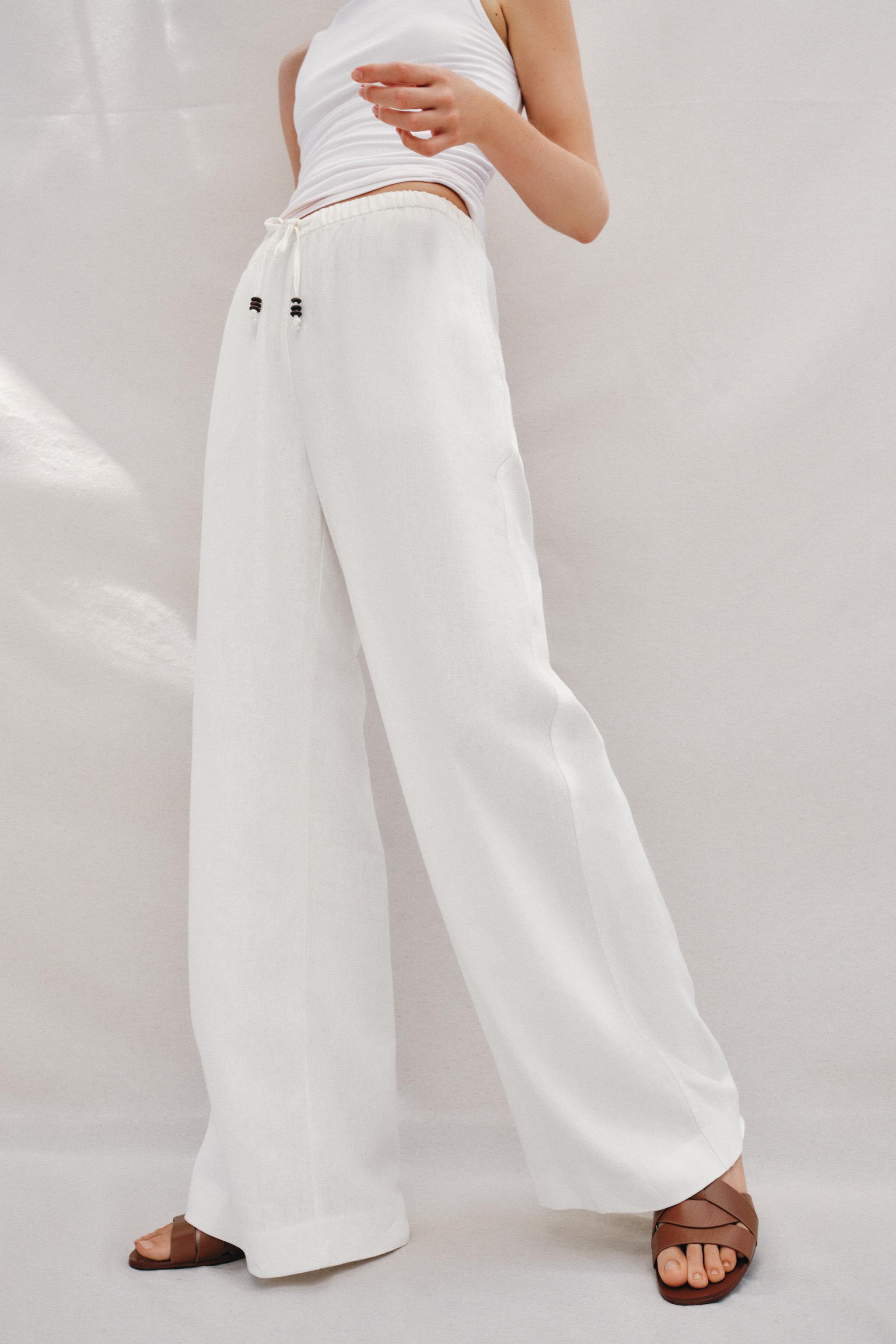 Linen Straight Leg Pants - White - Xs