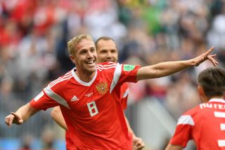 Yury Gazinsky celebrates after scoring for Russia against Saudi Arabia at the 2018 World Cup.