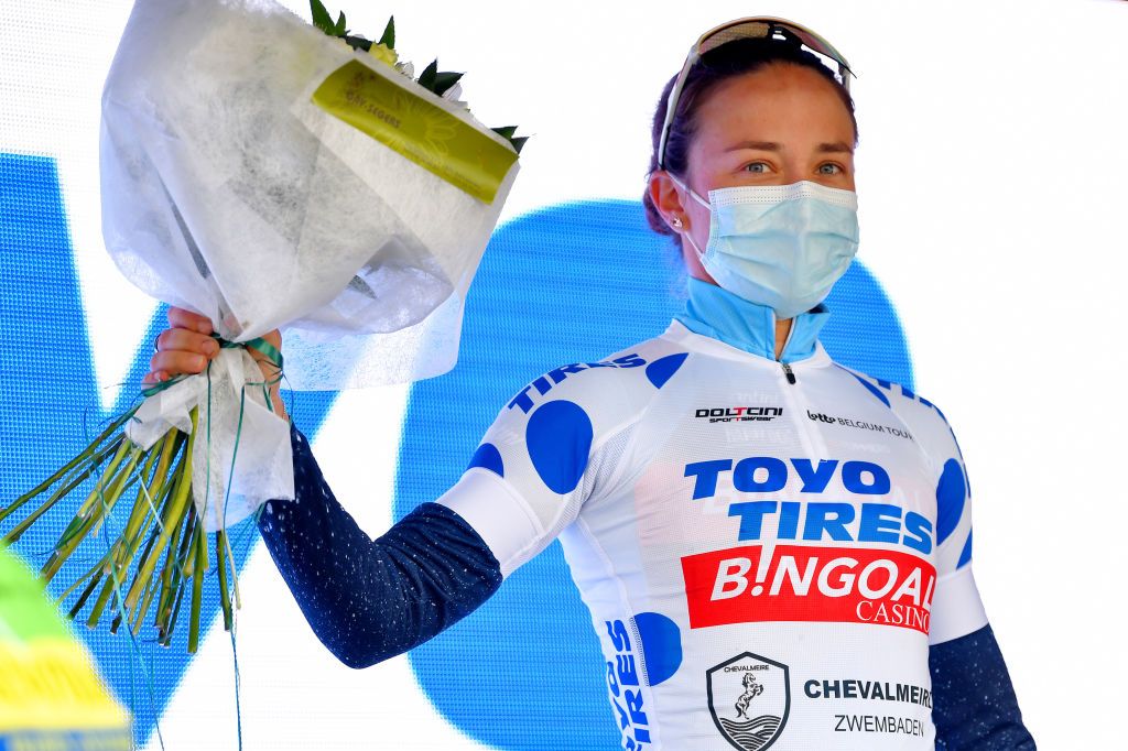 GALMAARDEN BELGIUM JUNE 24 Rotem Gafinovitz of Israel and Team Bingoal Casino Chevalmeire Polka Dot Mountain Jersey celebrates at podium during the 9th Lotto Belgium Tour 2021 Stage 2 a 1375km stage from Galmaarden to Galmaarden LottoBelgTour LottoBelgiumTour on June 24 2021 in Galmaarden Belgium Photo by Luc ClaessenGetty Images