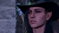 Shadowheart, wearing a fancy cowboy hat, looks fairly perplexed in a moonlit environs in Baldur's Gate 3.