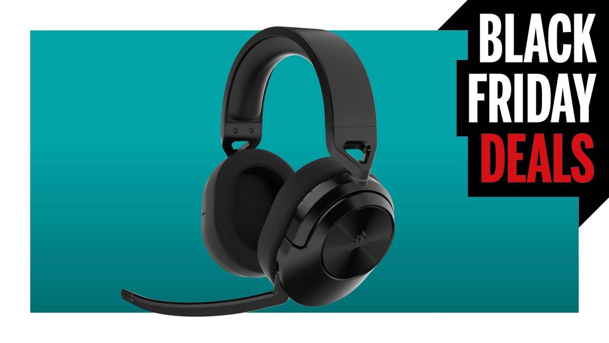 The Corsair HS55 Wireless Core gaming headset on a Black Friday deals background