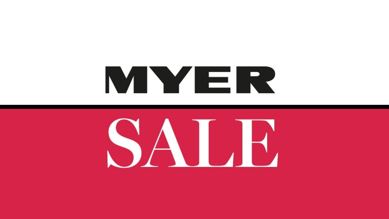 Half white, half pink background with text that says Myer Sale